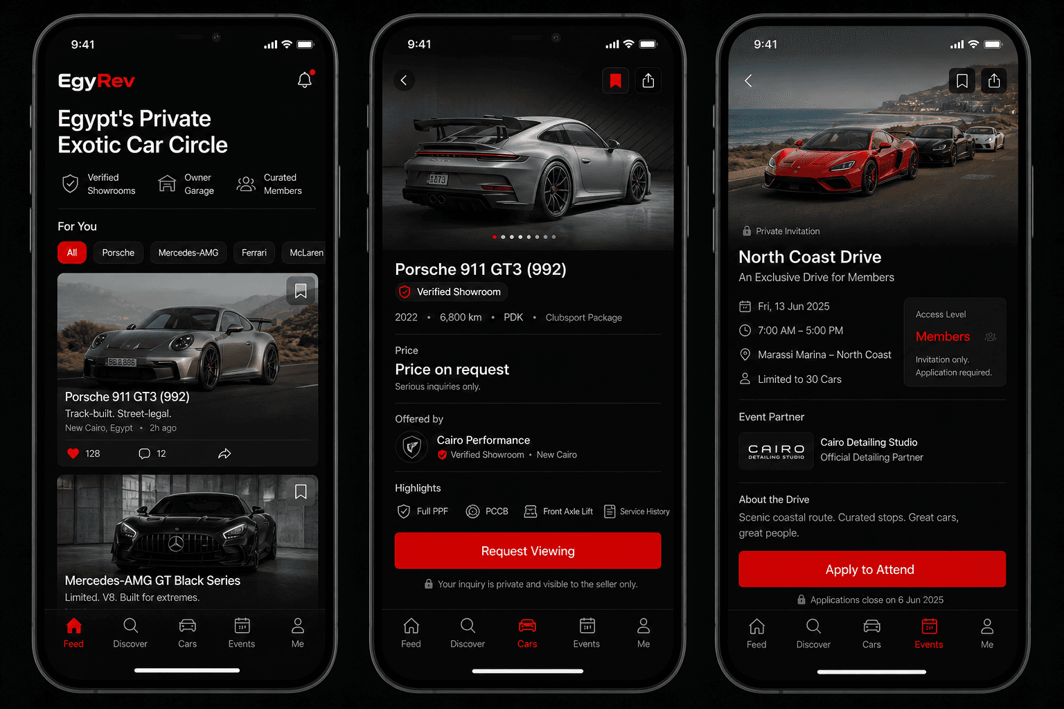 EgyRev mobile app screens showing feed, car detail, and event invitation